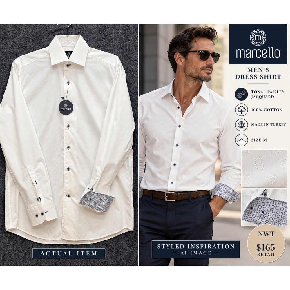 Marcello Dress Shirt Mens Jacquard Paisley Cotton White M NWT Luxury Business